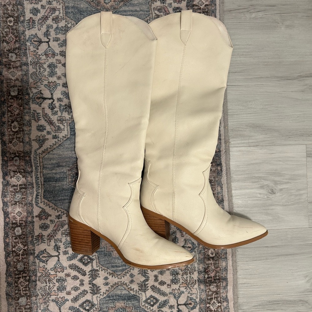 Princess Polly Cream Heeled Boots with Pointed Toe